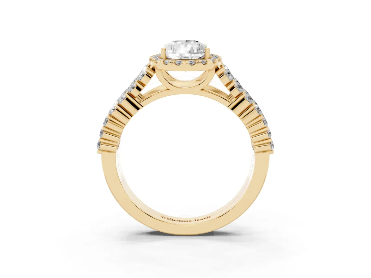 Pear Cut Diamond Halo Engagement Ring with Triple Row Round Pavé Band and Prong Setting Yellow gold