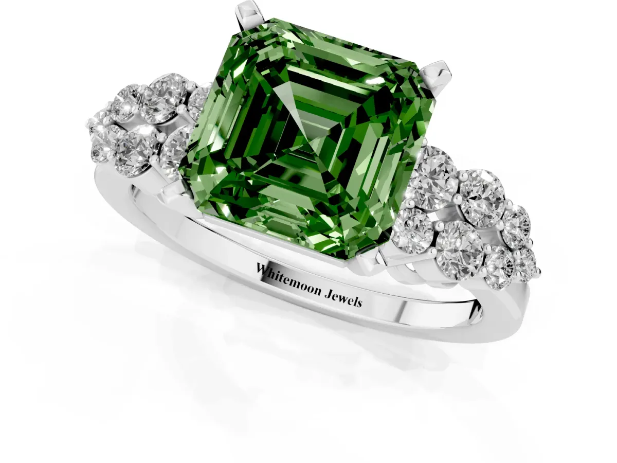 Fancy Green Asscher Cut Cluster Diamond Engagement Ring with Pavé Band and Four-Prong Setting Platinum