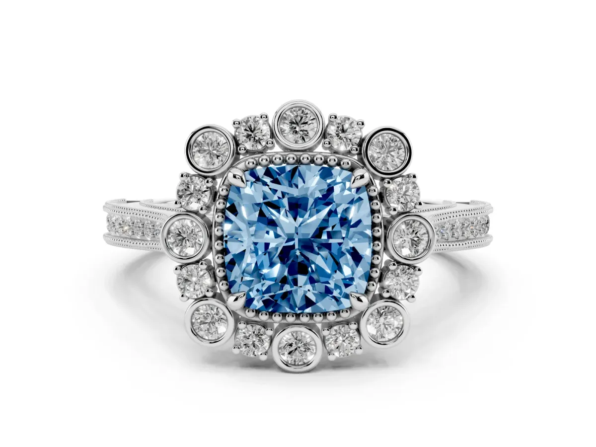 Fancy Blue Cushion Cut Halo Milgrain Pave Diamond Ring with Four-Prong Setting Silver