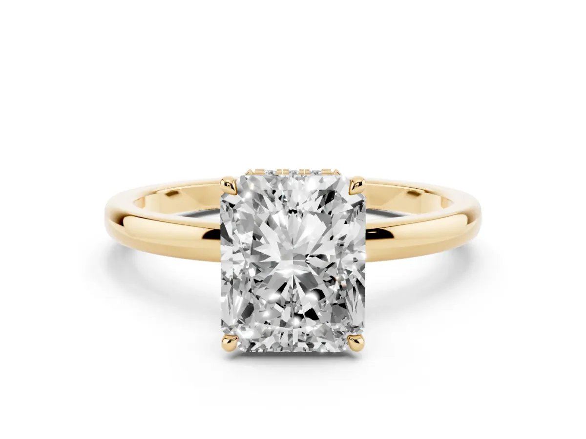 Radiant Cut Solitaire Engagement Ring with Cathedral Band and Four-Prong Setting Yellow gold
