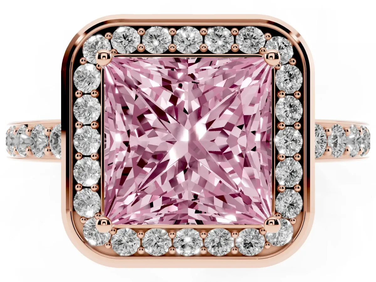 Fancy Pink Princess Cut Diamond Halo Ring with Bezel Frame and Pavé Band Rose gold