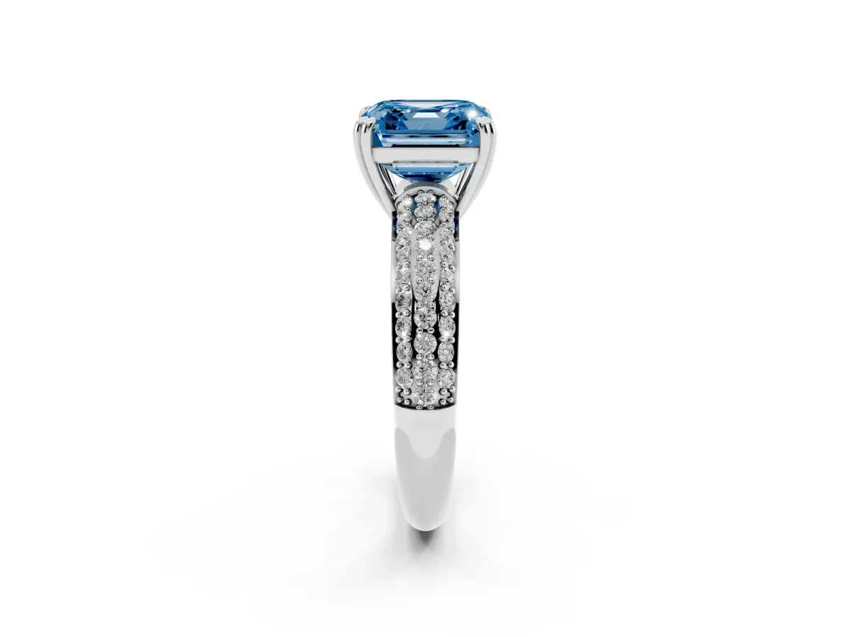 Fancy Blue Asscher Cut Diamond Solitaire Ring with Multi-Row Round Pavé Band and Prong Setting Silver
