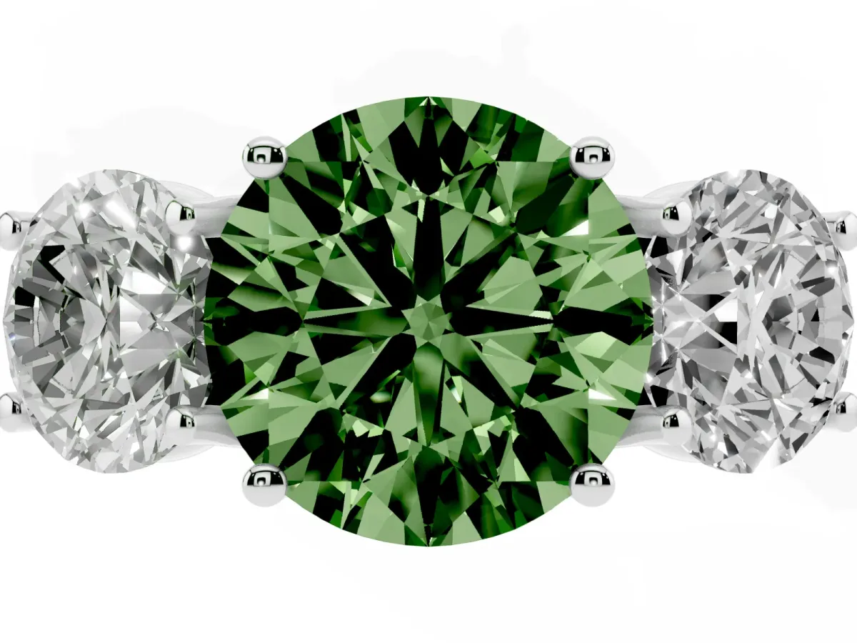 Fancy Green Three-Stone Round Cut Diamond Engagement Ring with Prong Setting Platinum