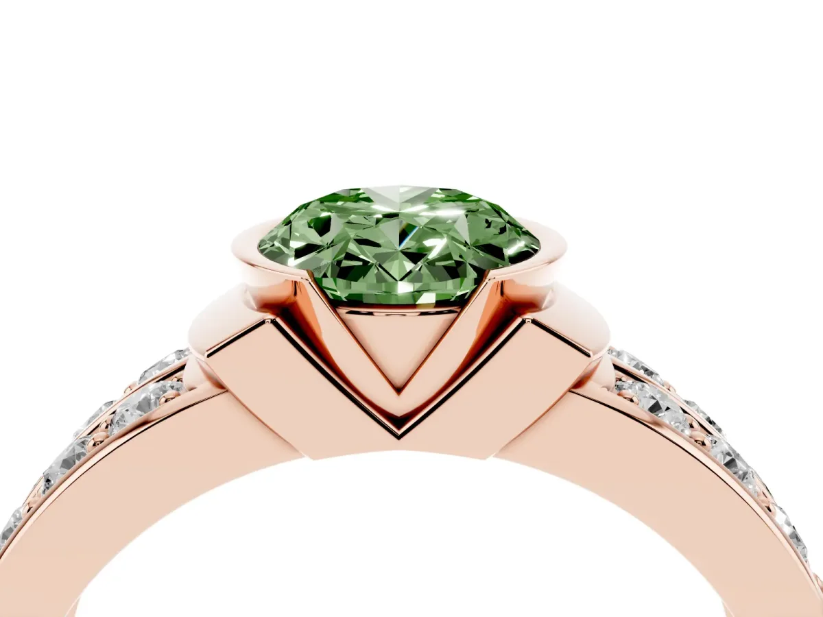 Fancy Green Oval Cut Brilliant Diamond Channel Set Wide Band Ring with Bezel Setting Rose gold