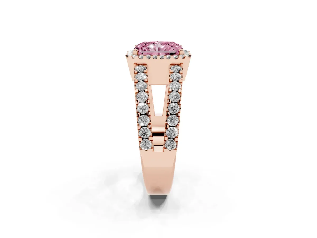 Fancy Pink Radiant Cut Cut Halo Split Shank Diamond Ring with Four-Prong Setting Rose gold