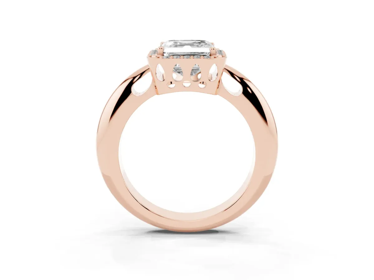 Asscher Cut Cut Diamond Halo Engagement Ring with Split Shank and Four-Prong Setting Rose gold