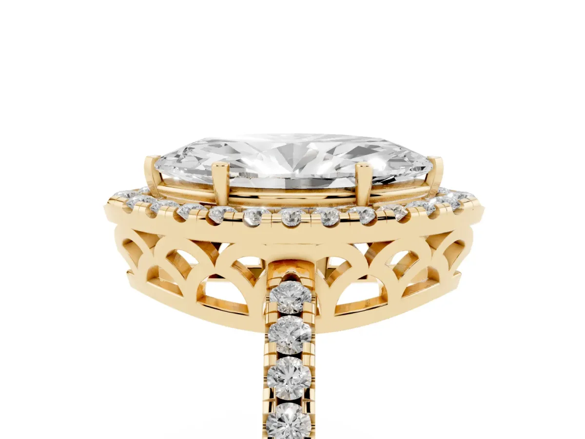 Marquise Cut Halo Diamond Engagement Ring with Pavé Band and Four-Prong Setting Yellow gold