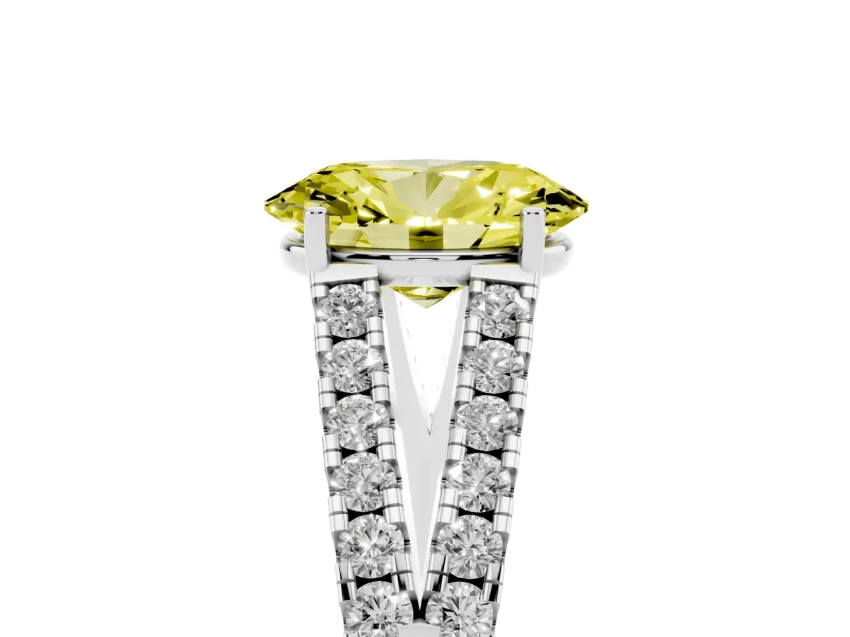 Fancy Yellow Oval Cut Diamond Split Shank Engagement Ring with Round Pavé and Prong Setting Platinum