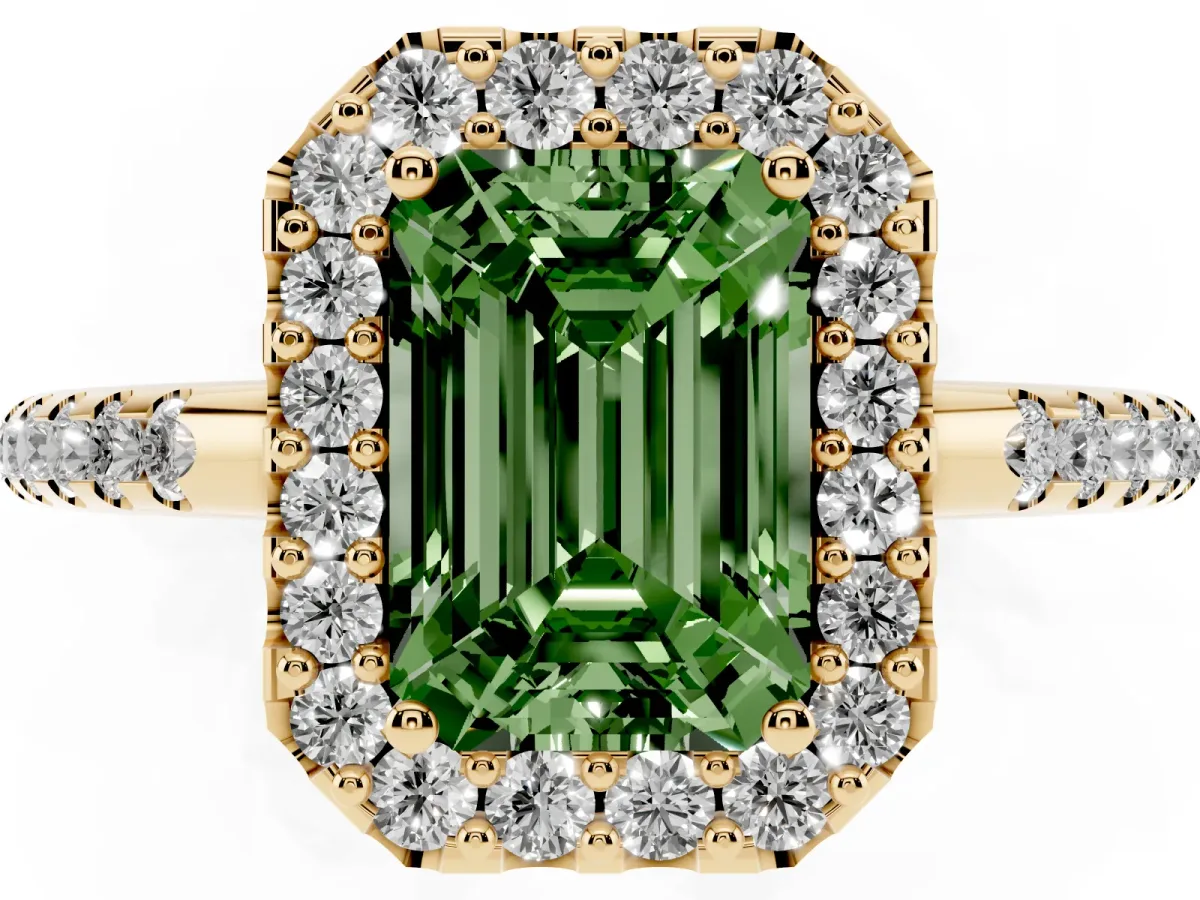 Fancy Green Emerald Cut Diamond Pavé Halo Ring with Four-Prong Setting Yellow gold