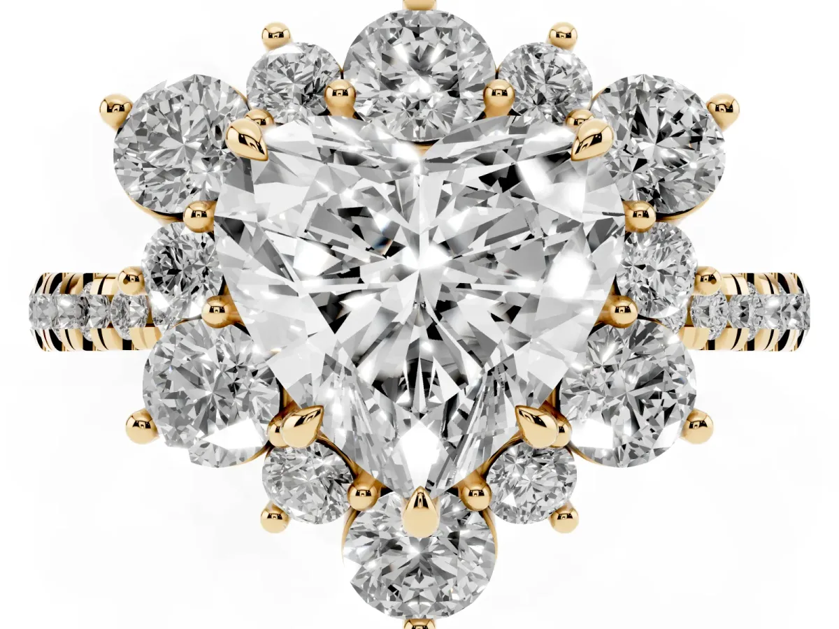 Heart Cut Diamond Floral Halo Ring with Round Pavé Band and Prong Setting Yellow gold