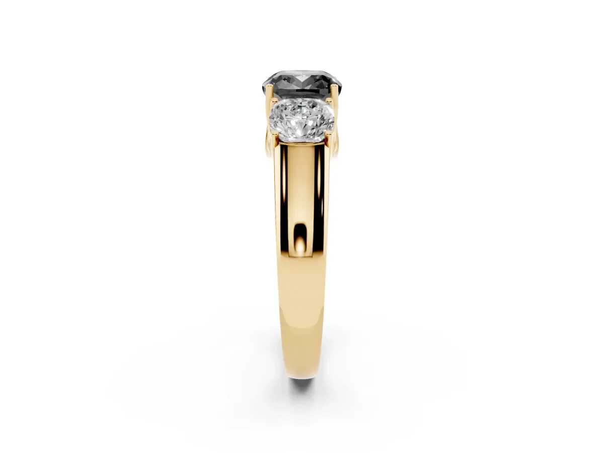 Fancy Black Three-Stone Cushion Cut Cut Diamond Ring with Prong Setting and Classic Band Yellow gold