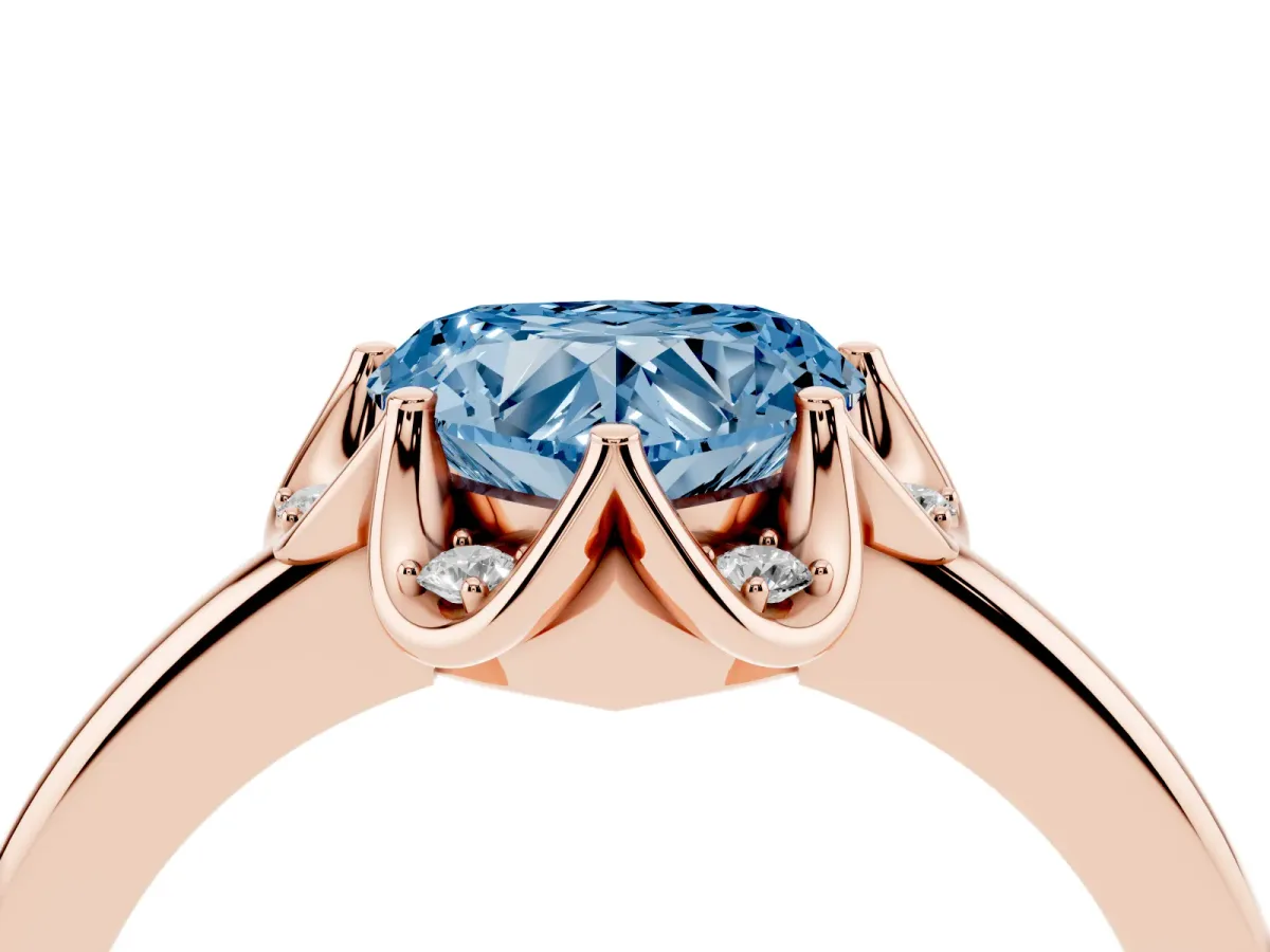 Fancy Blue Heart Cut Halo Diamond Ring with Round Cluster Setting, Solitaire Band, and Four-Prong Setting Rose gold