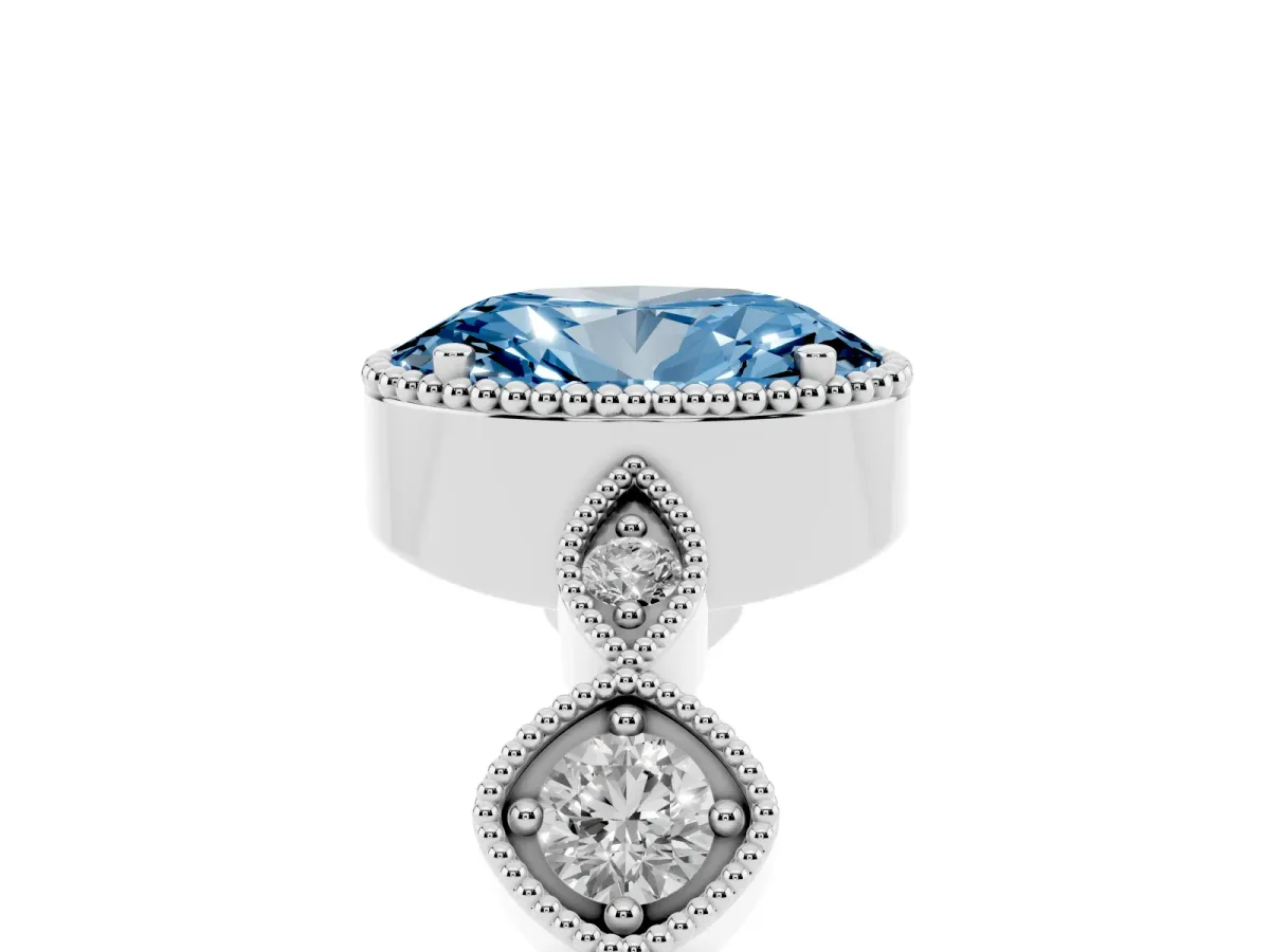 Fancy Blue Oval Cut Diamond Vintage Milgrain Ring with Round Stations Platinum