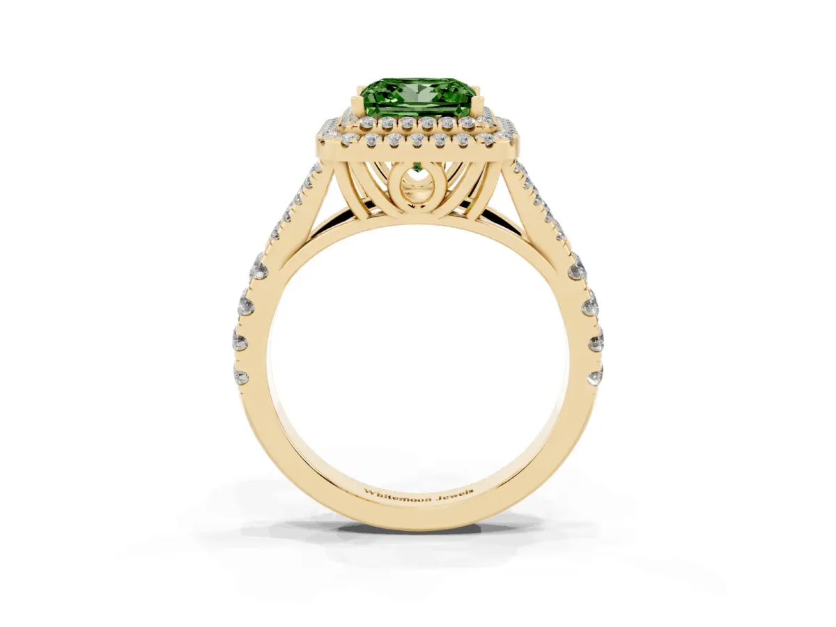 Fancy Green Double Halo Princess Cut Diamond Split Shank Engagement Ring with Four-Prong Setting Yellow gold