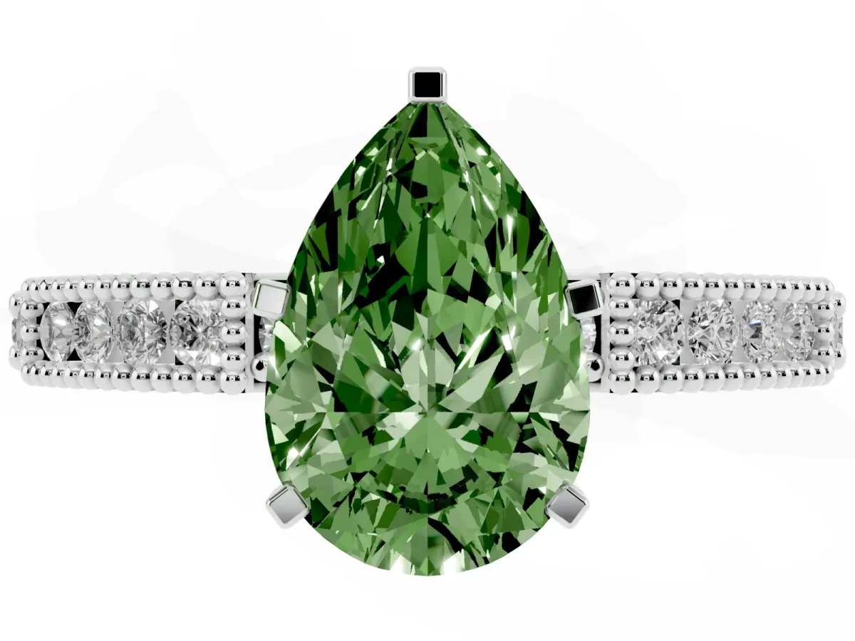 Fancy Green Pear Cut Solitaire with Pavé Band and Four-Prong Setting Silver