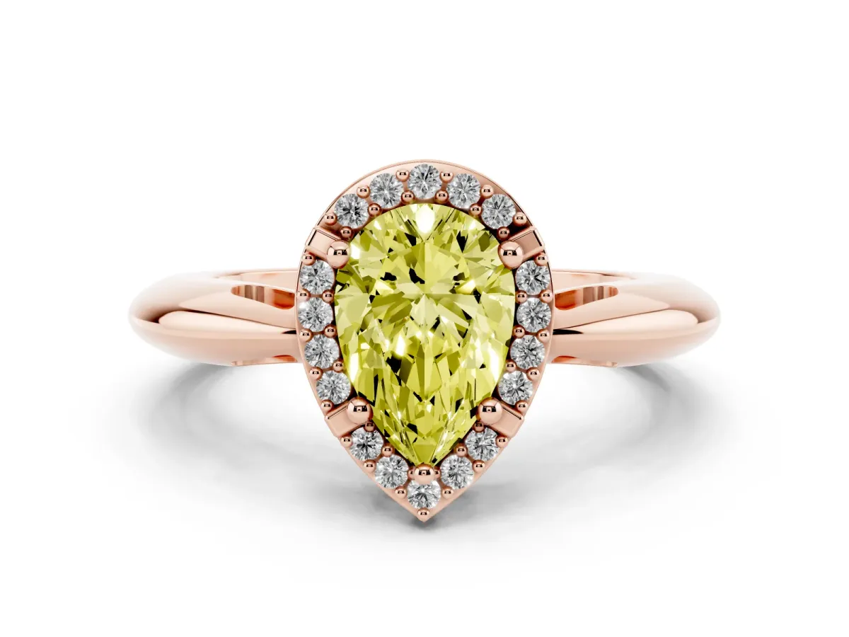 Fancy Yellow Pear Cut Cut Diamond Halo Engagement Ring with Split Shank and Four-Prong Setting Rose gold