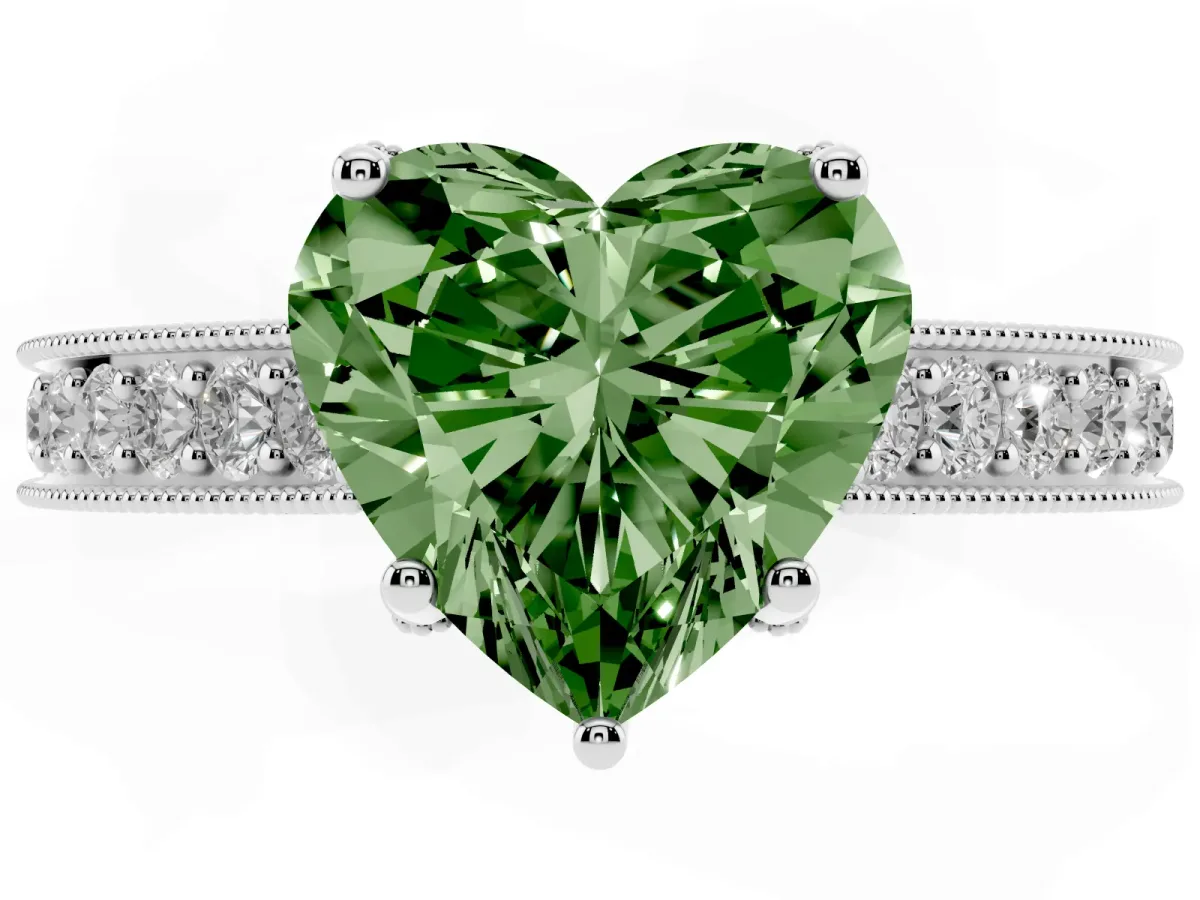 Fancy Green Heart Cut Cut Diamond Solitaire Ring with Milgrain Pave Band and Four Prong Setting Platinum