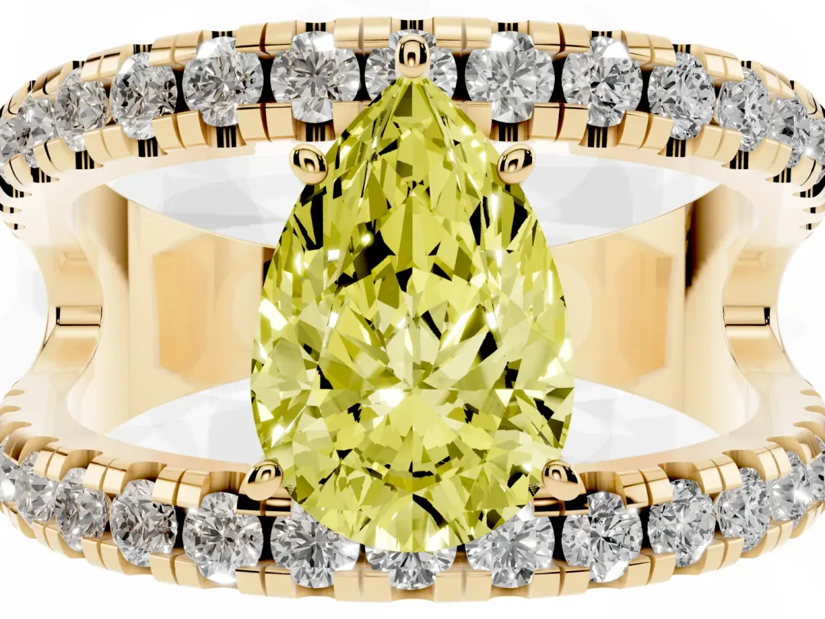 Fancy Yellow Pear Cut Solitaire Split Shank Pave Diamond Ring Yellow gold