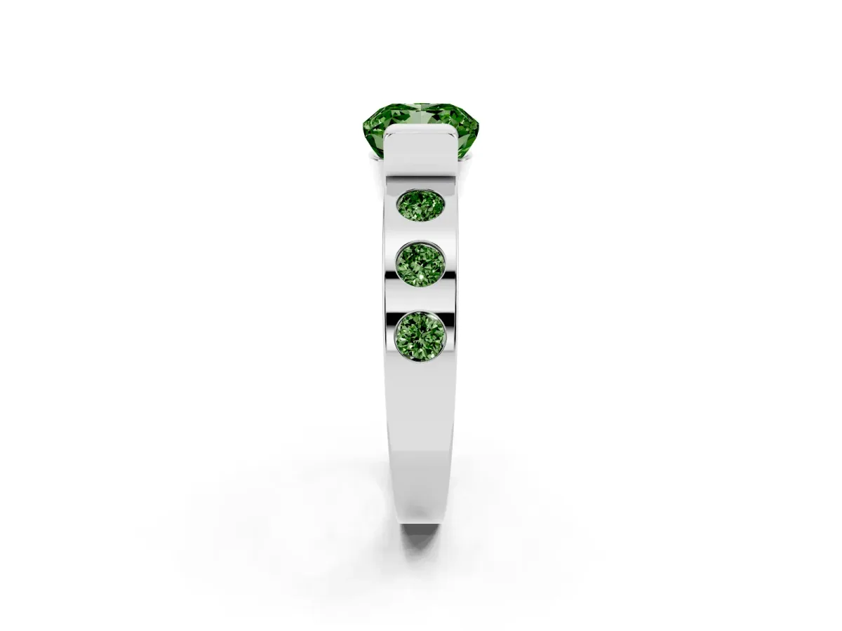 Fancy Green Cushion Cut Brilliant Channel-Set Diamond Ring with Bezel Prong Setting Silver