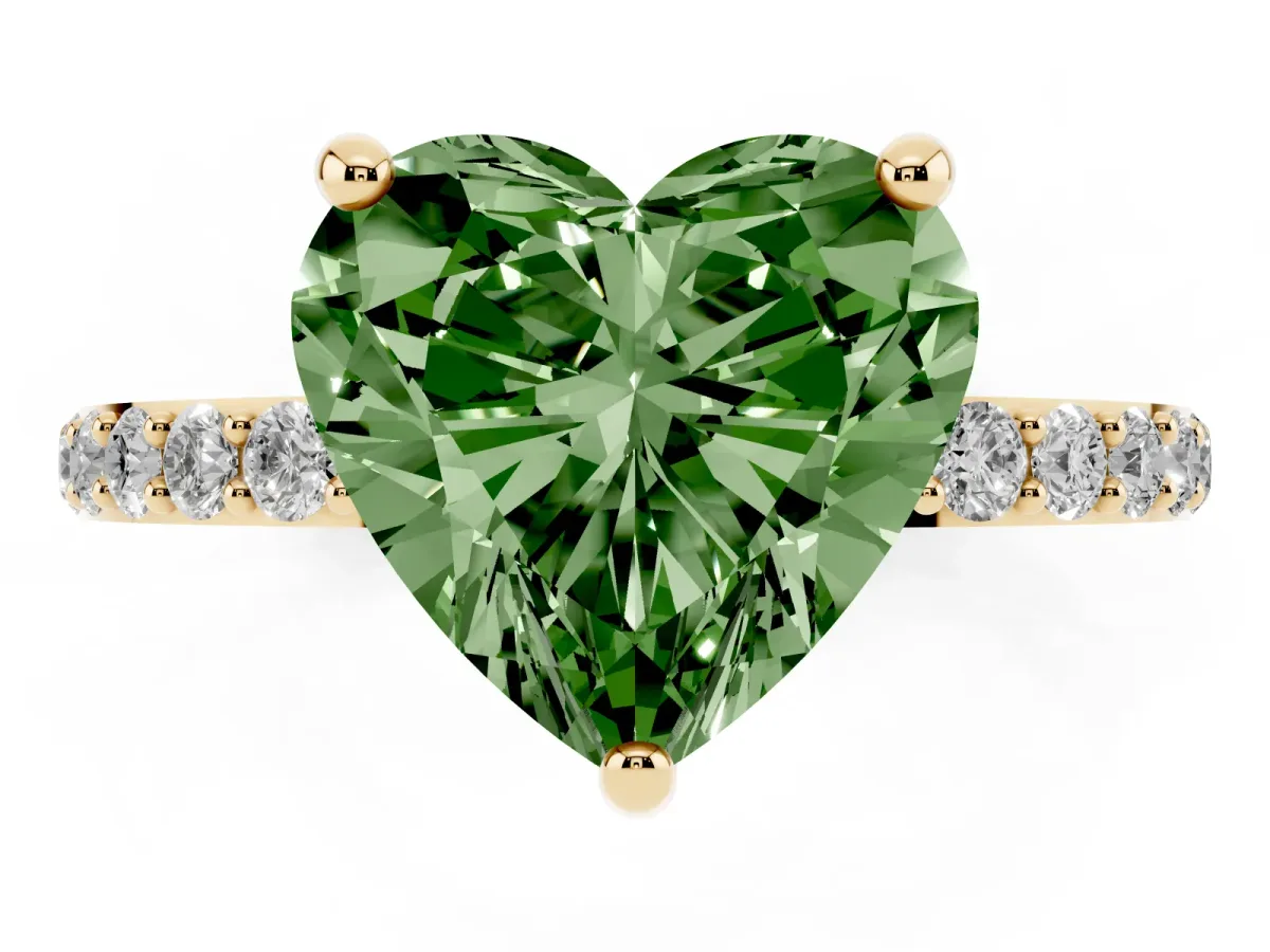 Fancy Green Heart Cut Diamond Solitaire Ring with Round Pavé Band and Prong Setting Yellow gold