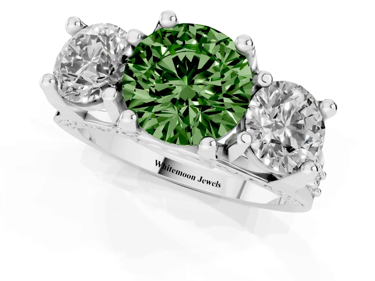 Fancy Green Round Cut Diamond Three-Stone Ring with Channel Set Band and Four-Prong Setting Silver