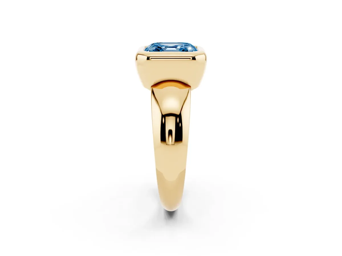 Fancy Blue Bezel Set Asscher Cut Solitaire Ring with Wide Band Yellow gold