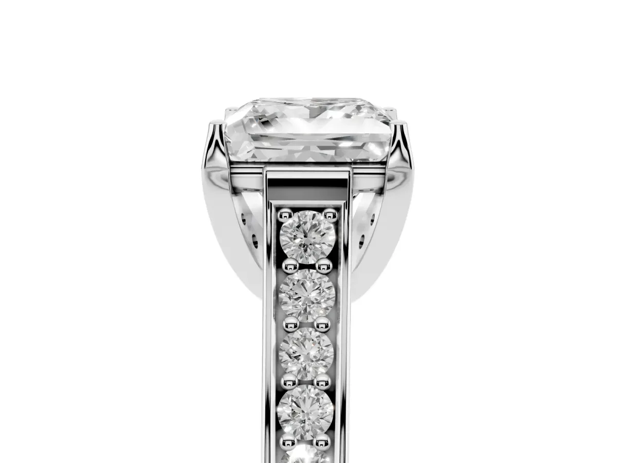 Princess Cut Brilliant Cut Diamond Engagement Ring with Pavé Band and Four-Prong Setting Platinum