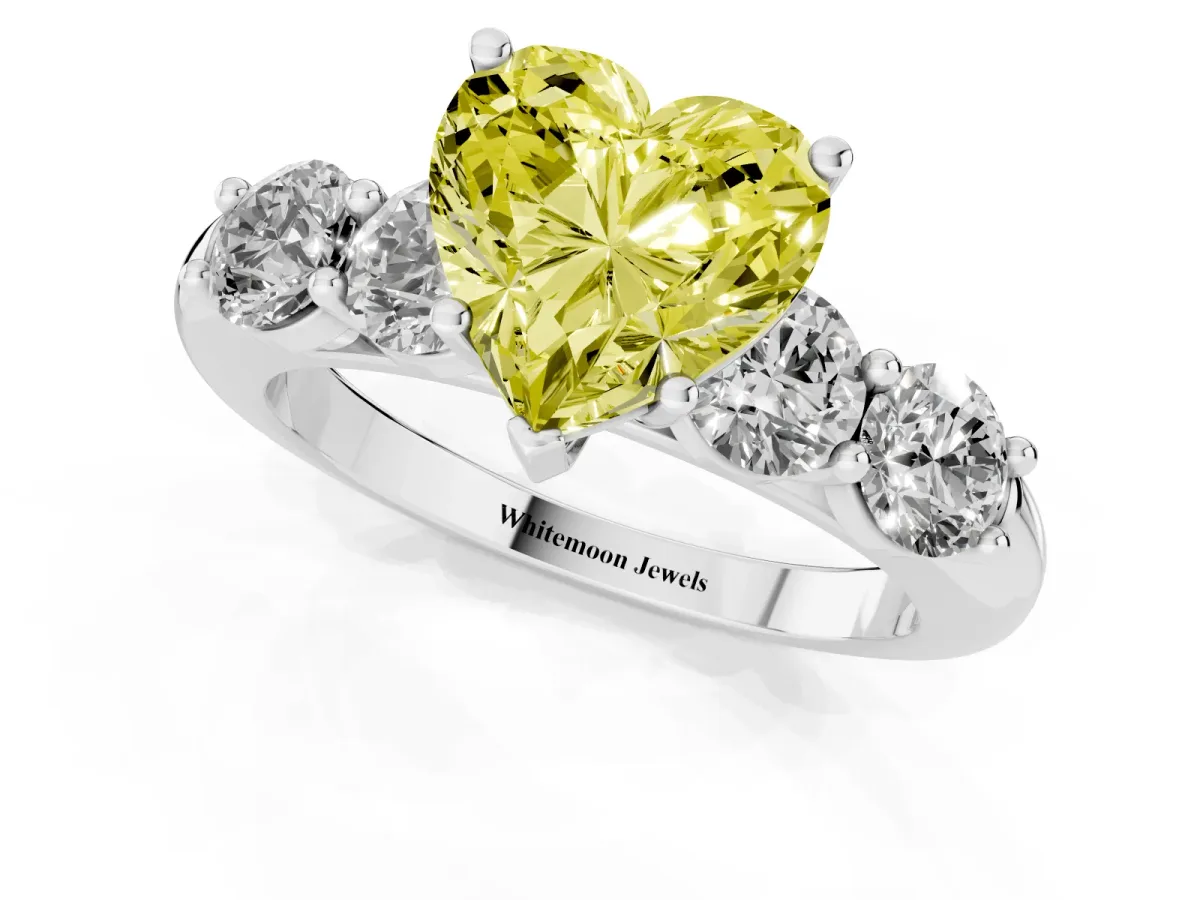 Fancy Yellow Heart Cut Cut Five-Stone Prong Set Diamond Ring with Classic Band Silver