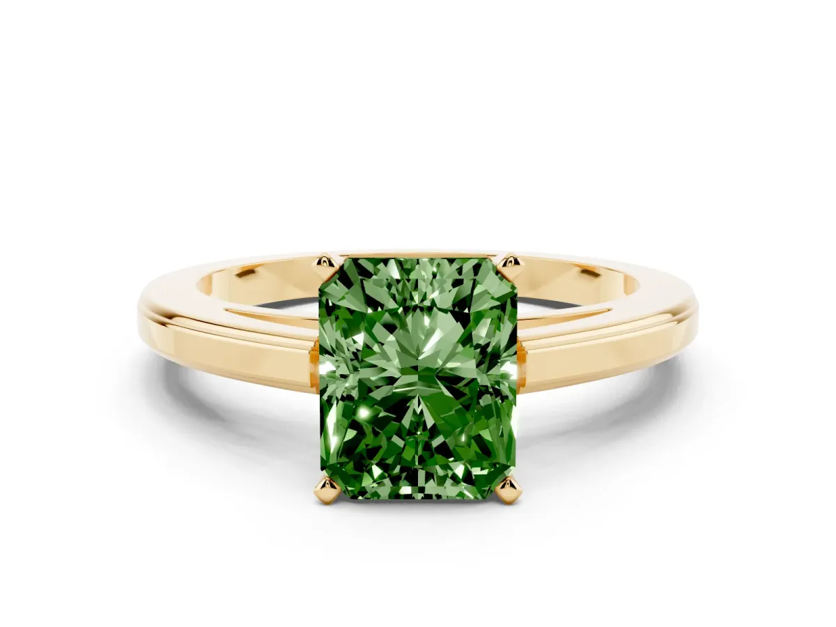 Fancy Green Radiant Cut Solitaire Diamond Ring with Four-Prong Setting and Classic Band Yellow gold