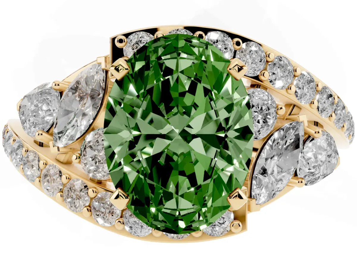 Fancy Green Oval Cut Diamond Halo Ring with Marquise and Pavé Band in Prong Setting Yellow gold