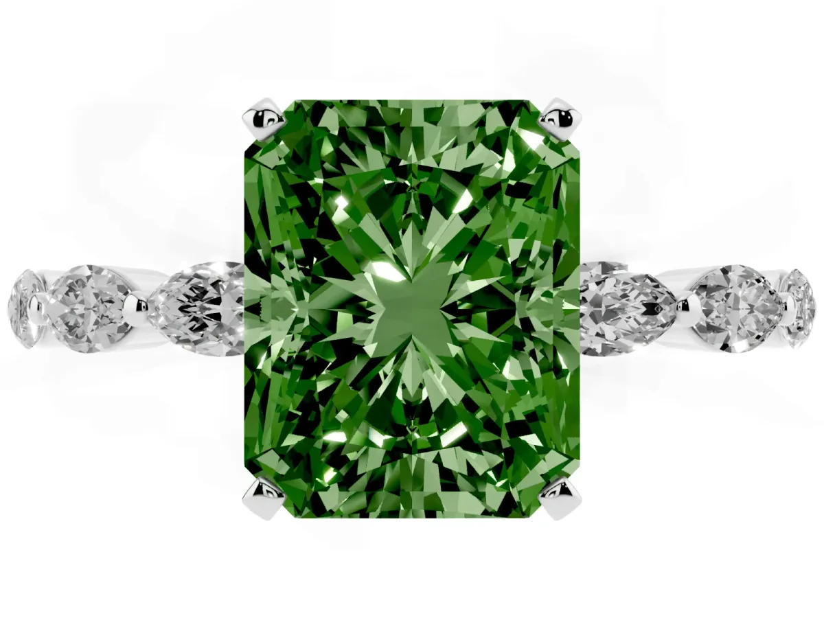 Fancy Green Radiant Cut Diamond Ring with Marquise Side Stones and Prong Setting Platinum