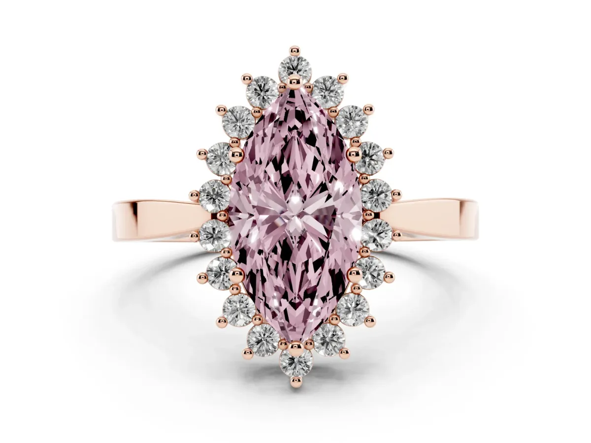 Fancy Pink Marquise Cut Cut Diamond Halo Ring with Round Brilliant Halo and Solitaire Band Rose gold