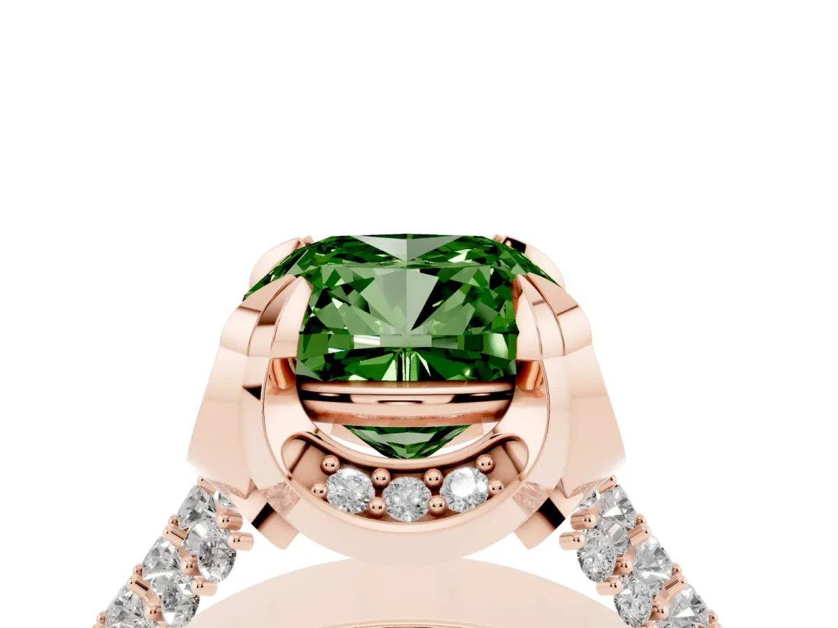Fancy Green Cushion Cut Solitaire Pave Split Shank Ring with Four-Prong Setting Rose gold