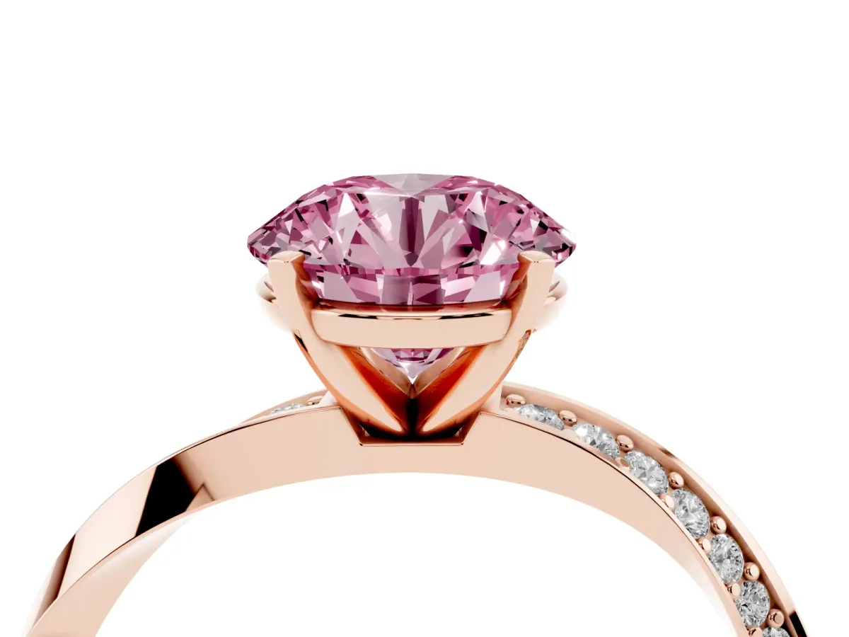Fancy Pink Round Cut Diamond Engagement Ring with Side Stone Accents and Four-Prong Setting Rose gold