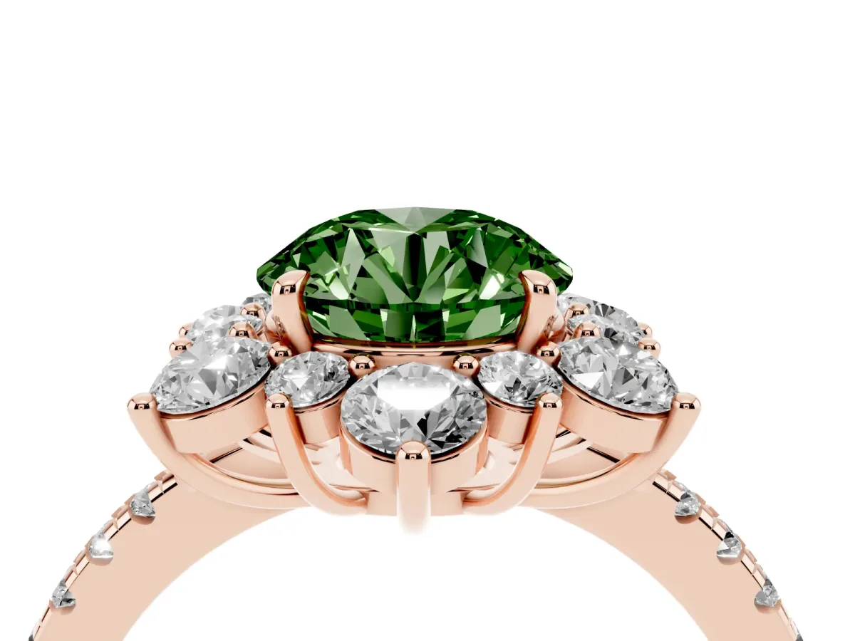 Fancy Green Round Cut Diamond Floral Halo Ring with Round Pavé Band and Prong Setting Rose gold