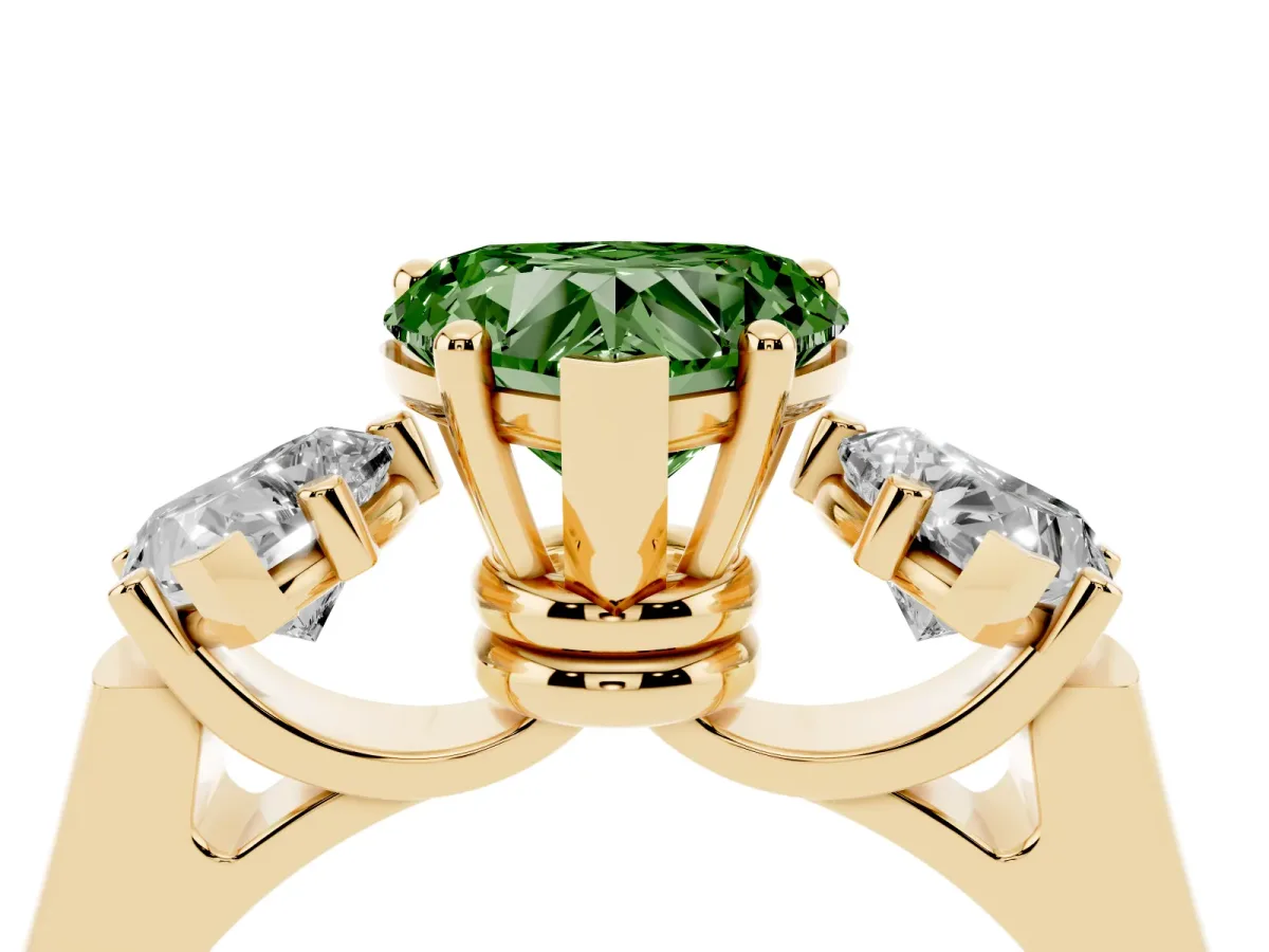 Fancy Green Three-Stone Heart Cut Brilliant Diamond Trellis Ring with Comfort Fit Band Yellow gold