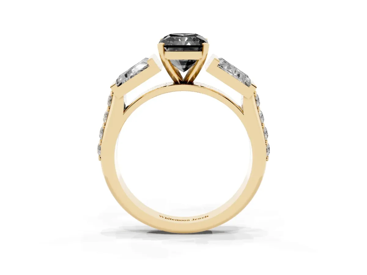 Fancy Black Radiant Cut Diamond Engagement Ring with Baguette Side Stones and Channel Set Band Yellow gold