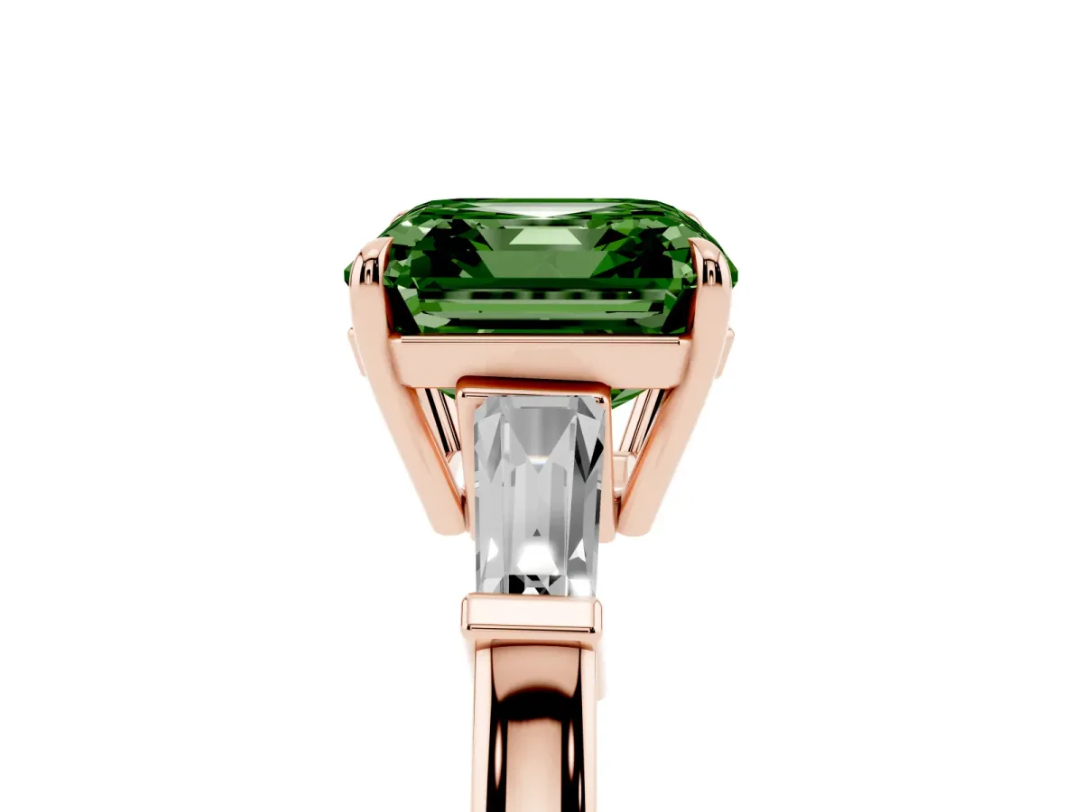 Fancy Green Asscher Cut Diamond Three-Stone Ring with Tapered Baguette Side Stones and Prong Setting Rose gold