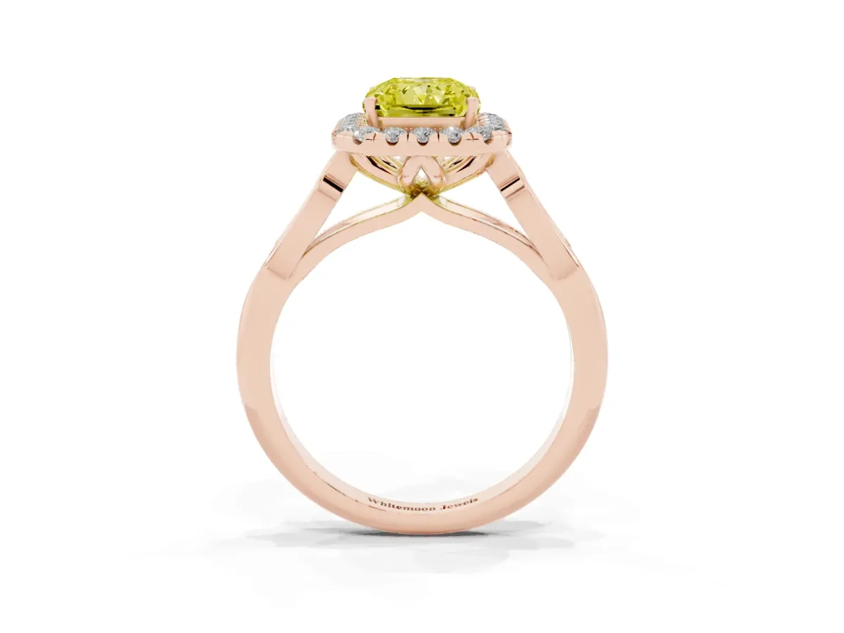 Fancy Yellow Radiant Cut Halo Diamond Engagement Ring with Filigree Band and Four-Prong Setting Rose gold