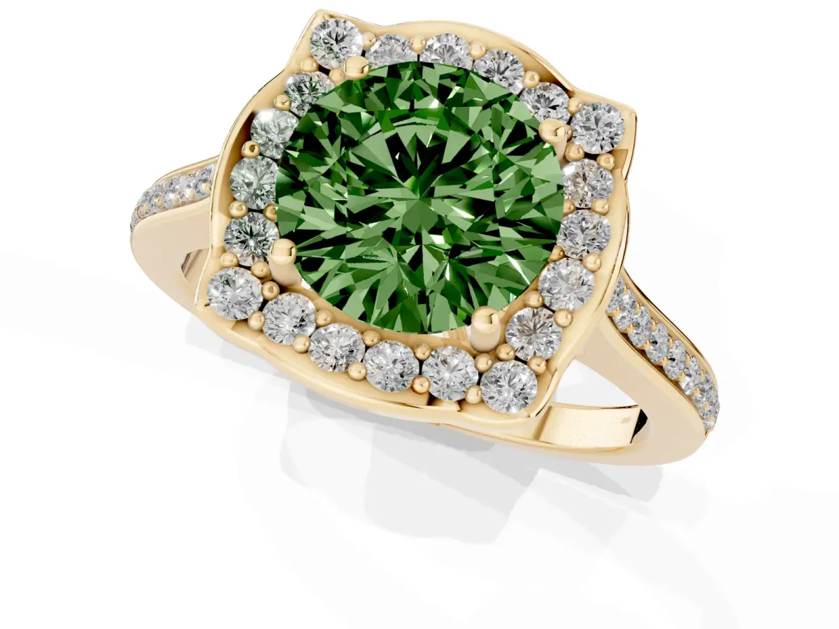 Fancy Green Round Cut Halo Round Diamond Pave Band with Four-Prong Setting Yellow gold