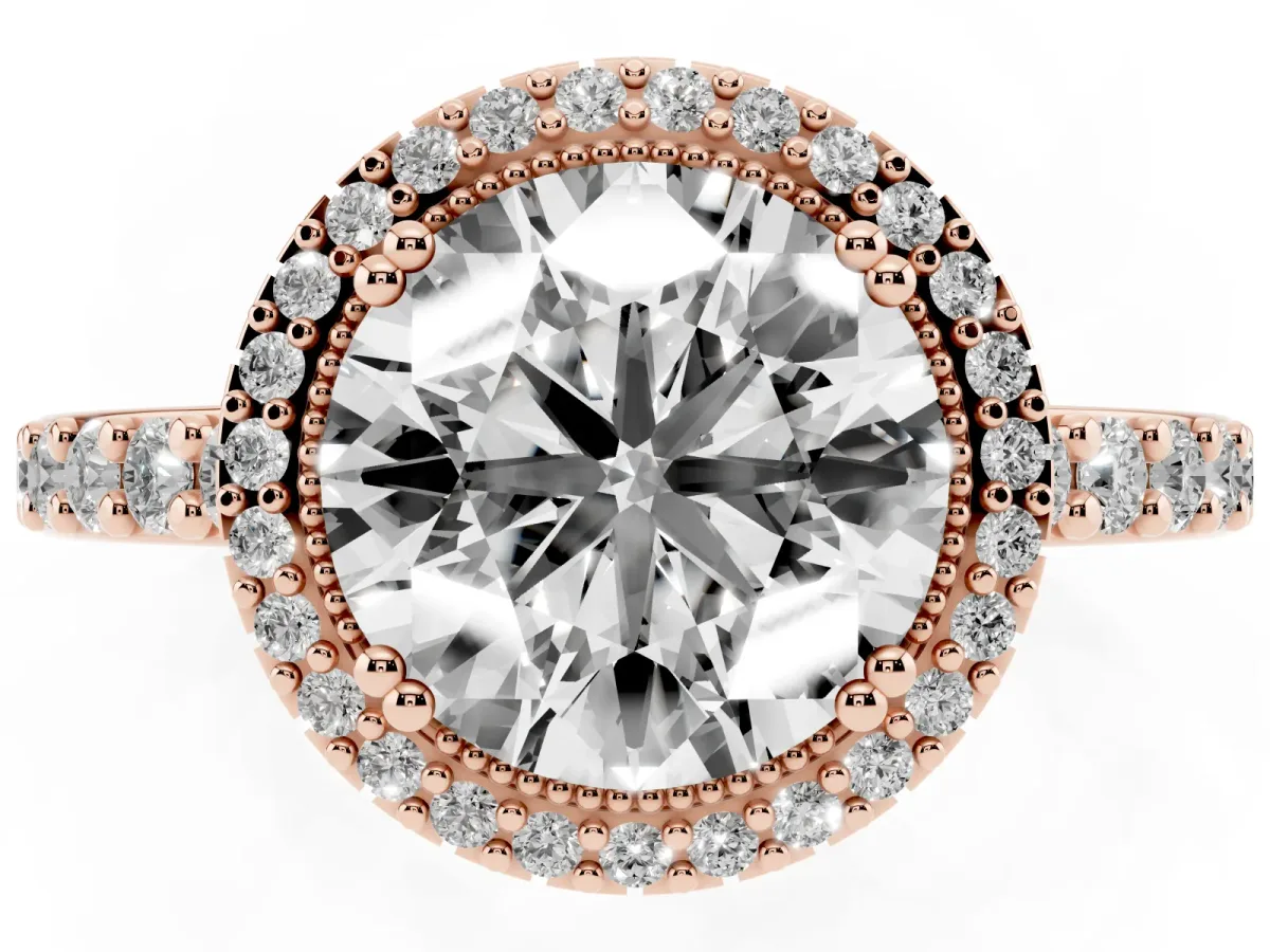 Round Cut Cut Diamond Halo Engagement Ring with Milgrain Detail and Pavé Band Rose gold