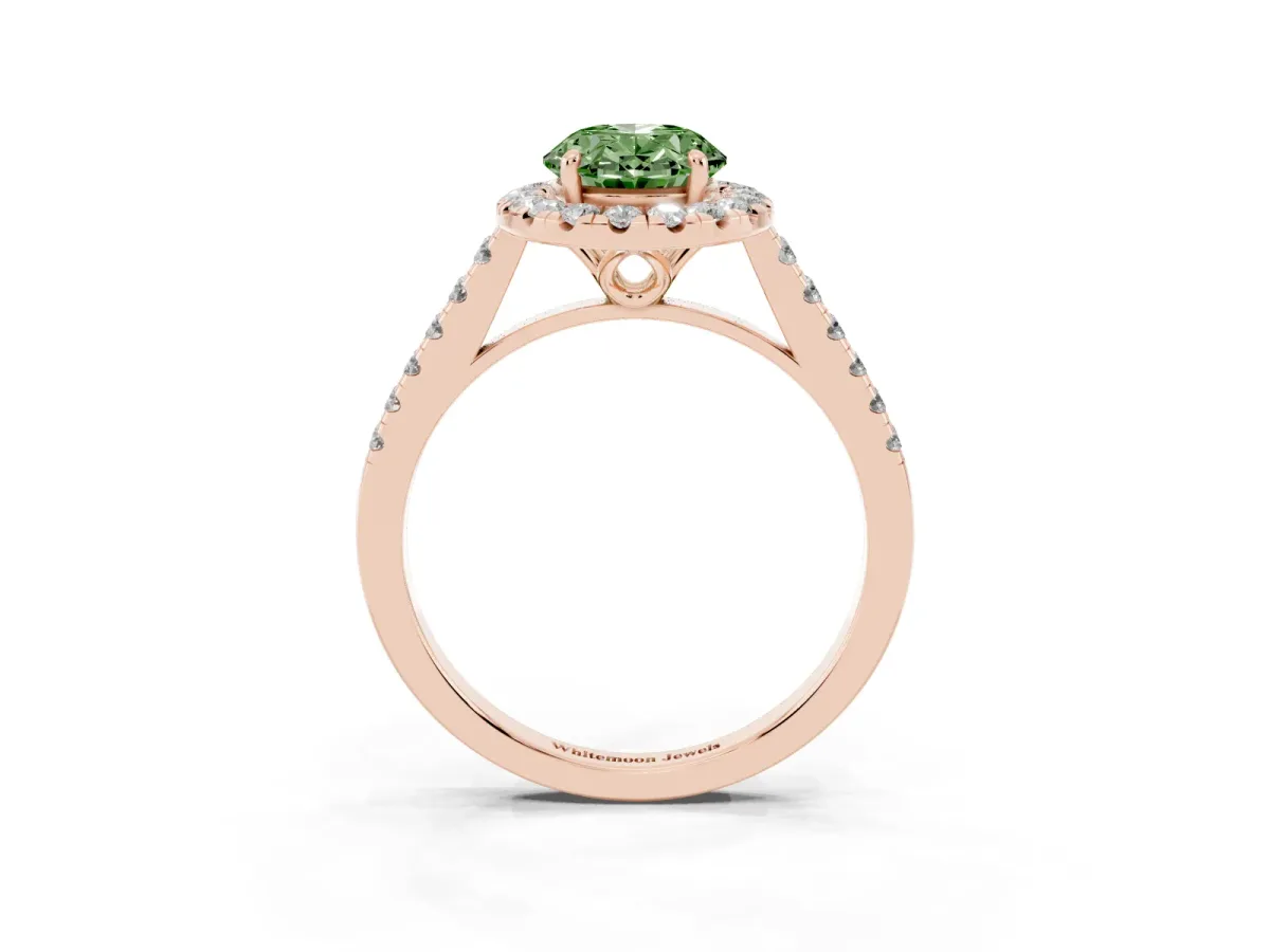 Fancy Green Oval Cut Halo Pavé Diamond Engagement Ring with Four-Prong Setting Rose gold