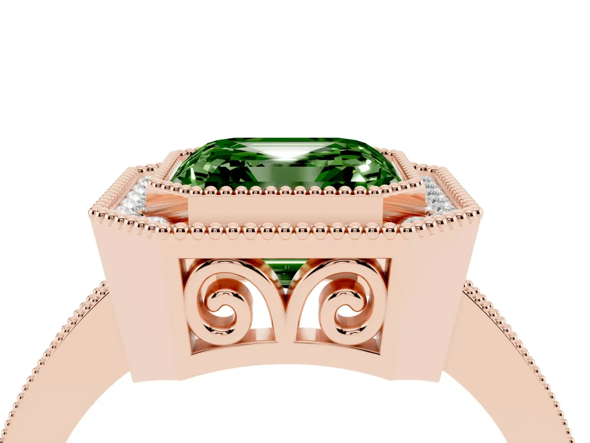 Fancy Green Asscher Cut Cut Halo Diamond Ring with Pavé Band and Milgrain Prong Setting Rose gold