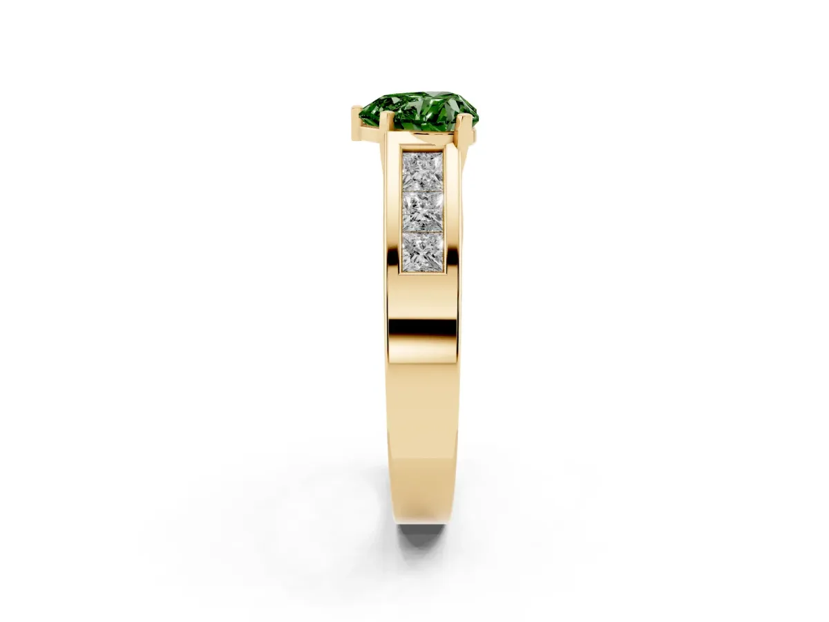 Fancy Green Heart Cut Cut Channel Set Solitaire Ring with Four-Prong Setting Yellow gold