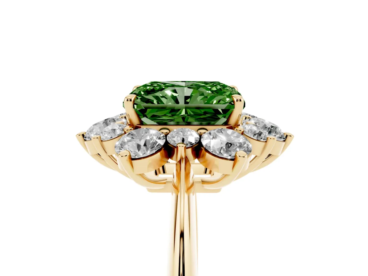 Fancy Green Radiant Cut Diamond Cluster Halo Ring with Solitaire Band and Four-Prong Setting Yellow gold