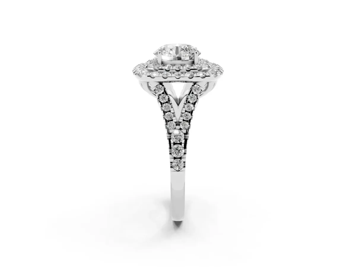Double Halo Round Cut Diamond Pavé Split Shank Ring with Prong Setting Silver