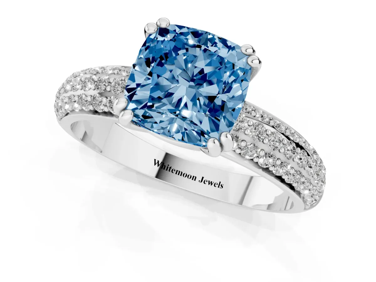 Fancy Blue Cushion Cut Diamond Solitaire Ring with Multi-Row Round Pavé Band and Prong Setting Silver