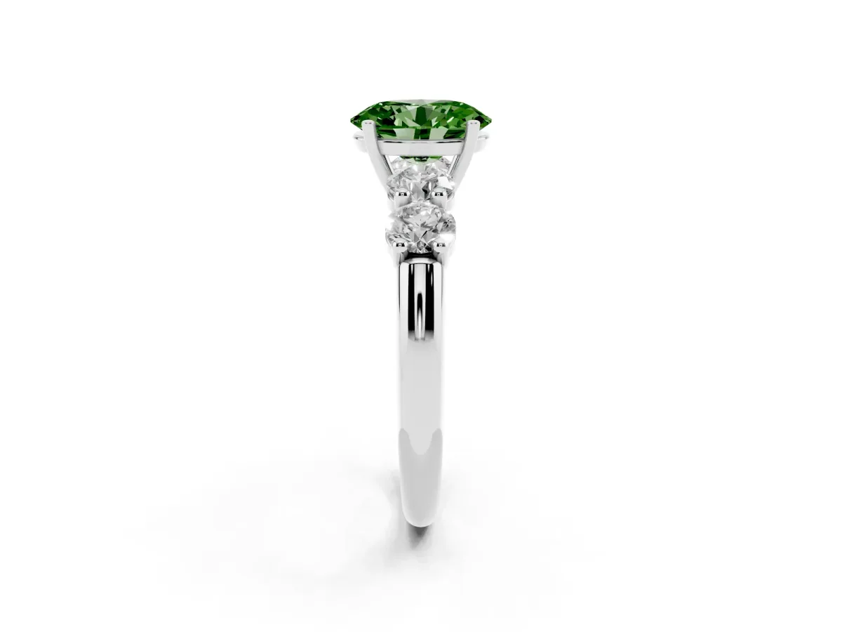 Fancy Green Oval Cut Cut Five-Stone Prong Set Diamond Ring with Classic Band Platinum