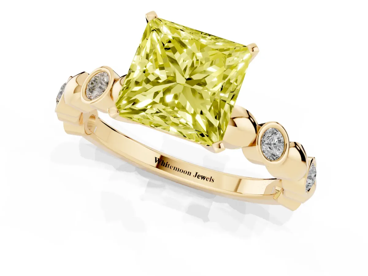 Fancy Yellow Princess Cut Solitaire Bezel-Set Diamond Ring with Beaded Band and Four-Prong Setting Yellow gold