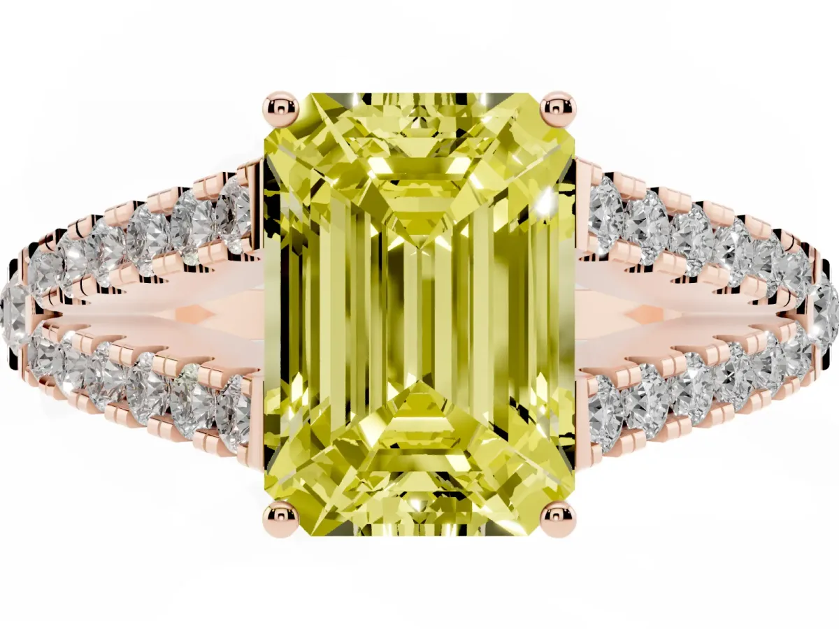 Fancy Yellow Emerald Cut Diamond Split Shank Engagement Ring with Round Pavé and Prong Setting Rose gold